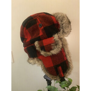 Yukon Tracks Red Buffalo Check Trapper Hat Real Rabbit Fur Size Large Mens Women